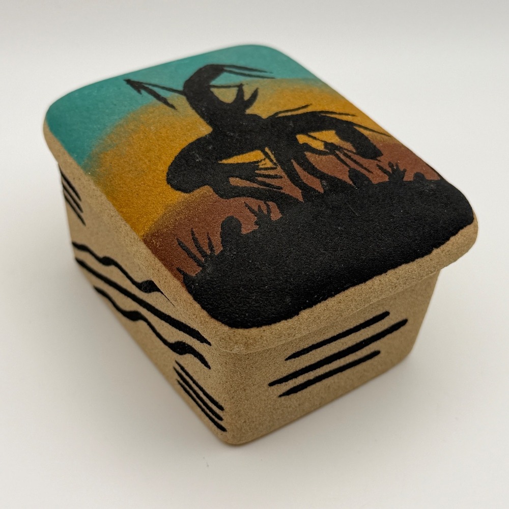 Vintage Southwestern Sand Art Trinket Box End Of The Trail Native Horse Decor